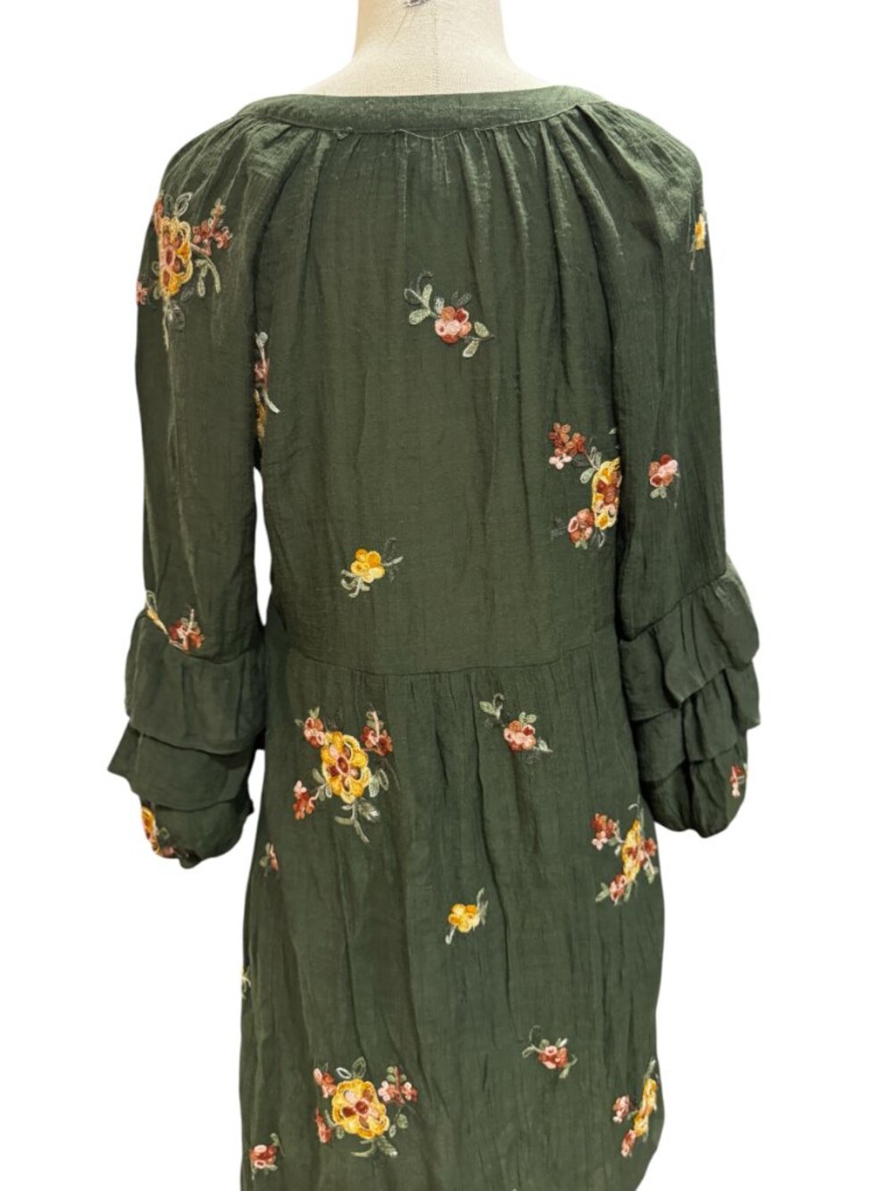 Fig & Flower Embroidered Boho Midi Dress Green Floral Ruffle Sleeve Large - Picture 6 of 7